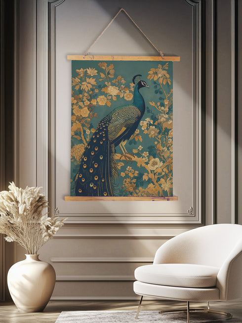 A wall tapestry featuring a detailed teal peacock with golden accents and intricate plumage, surrounded by ornate golden flowers and foliage on an emerald green background, mounted between wooden dowels with twine.
